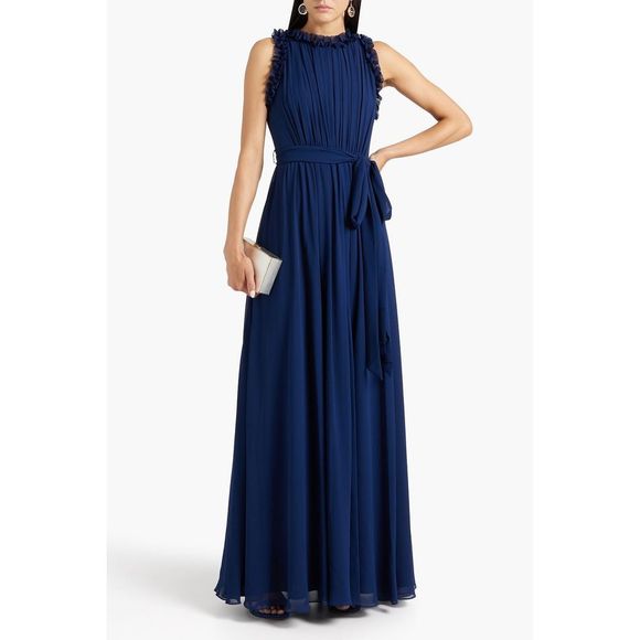 NWT BADGLEY MISCHKA Ruffle-trimmed pleated chiffon gown Size 8 $750 - Picture 1 of 8
